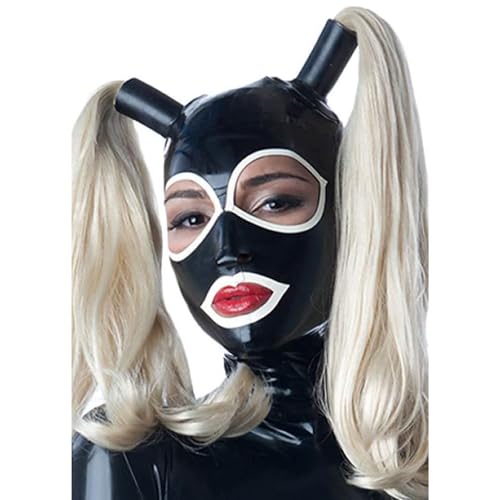 YXBLV Cosplay Party Latex Maske Doppel Pony Zopf Haube BDSM Bondage Sklave Mit Perücke Sexy Fetisch Gummi Paar Extreme Sex Spielzeug, XL, Black von LRXETSHOP
