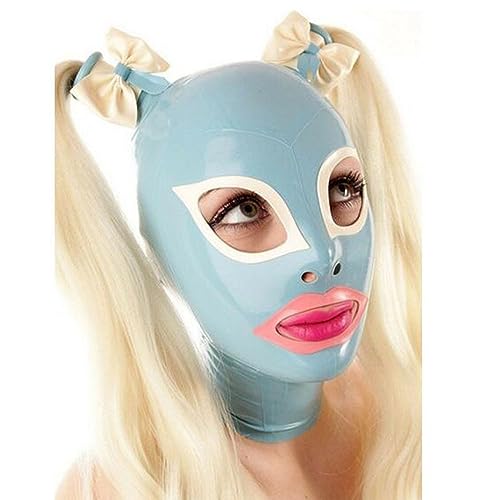 YXBLV LatexMask with Wig Halloween Cosplay Rubber Mask Sexy Mask Headgear SM Bondage Slave Mask Sex BDSM Fetish Headgear Mask Latex Extreme Sex Toys Party mask Party Outfit,L,Light Blue von LRXETSHOP