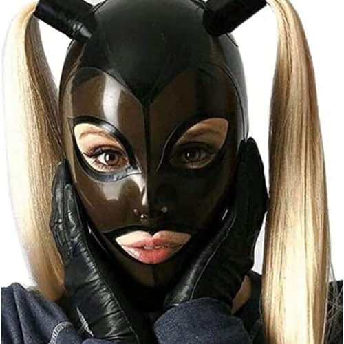 YXBLV SM Bondage-Maske, Latex Maske mit Zwillings Pferdeschwanz Perücke Party Maskerade Halloween Latex Maske Mund offen Augen Nase Atemlöcher sexy Maske Cosplay mit Reißverschluss,L,Black von LRXETSHOP