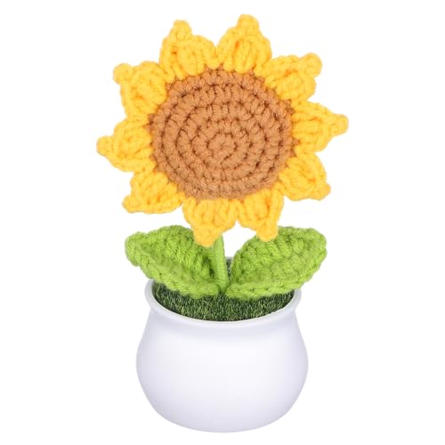 LRXIYODE Gehäkelte Sonnenblumen Dekoration im Topf Handgemachte Kunstblumen für Schreibtisch und Auto Armaturenbrett Realistische Pottpflanzen mit Feiner Verarbeitung und Lebendigen Farben von LRXIYODE