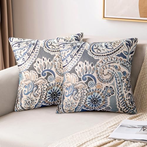 LRartdeco Kissenbezug Blau 45x45 Kissenhülle Boho Retro Kissenbezüge Abstraktes Blumen Dekorative Kissenhülle 2er Set Leinen Sofakissen Für Wohnzimmer Schlafzimmer Garten Sofa Kissen Deko von LRartdeco