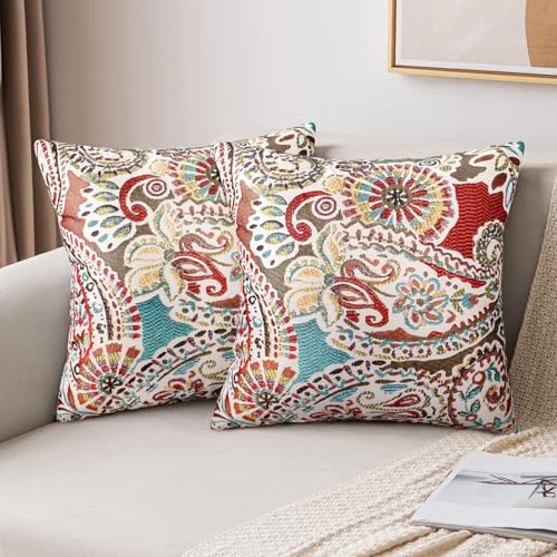 LRartdeco Kissenbezug Rot 40x40 Herbst Dekoration Kissen Bezug Fall Winter Deko Sofakissen Blumen Geometrische Kissenbezüge Boho 2er Set Leinen Dekokissen Für Wohnzimmer Garten Sofa Kissen Deko von LRartdeco