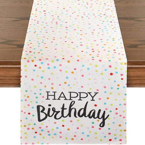 LRartdeco Tischband Happy Birthday Tischläufer Bunt Punkte Dekoration Table Runner Geburtstag Dekoratives Tischdecke 33x183cm Leinenoptik Für Partys Geburtstage Feier Dekoration von LRartdeco