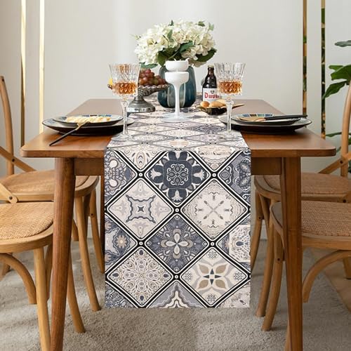 LRartdeco Tischläufer Grau 40x140cm Tischläufer Mandala Boho Deko Table Runner Abstrakt Blumen Muster Abwaschbar Läufer Tisch Leinen Für Wohnzimmer Restaurant Esstisch Dekoration von LRartdeco