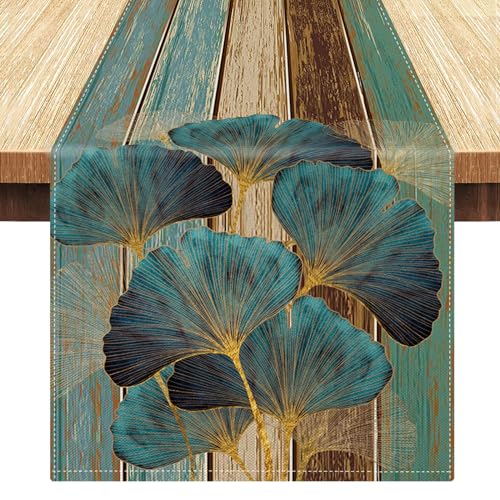 LRartdeco Tischläufer Grün 33x183cm Alter Holzoptik Tischdecke Abwaschbar Blätter Landhausstil Blätte Deko Tischband Ginkgo Tischläufer Leinen Table Runner für Esstisch Küche Tisch Dekor von LRartdeco