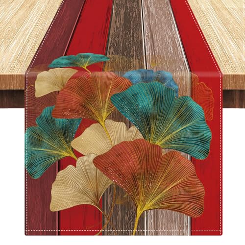 LRartdeco Tischläufer Herbst Dekoration Tischläufer Modern Tischlaufer Rot und Braun Grau Holzoptik Streifen Läufer Tisch Ginkgo Biloba Leinen Tischdecke 40x140 Für Urlaub Party Esstisch Dekor von LRartdeco