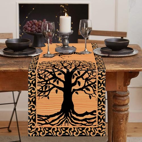 LRartdeco Tischläufer Wikinger Tischläufer Baum des Lebens Rabe Saisonnal Tisch Dekoration Tischdecken Wooden Leinen Tischläufer Für Hochzeit Heimdekoration Dekorativ Abdeckung Tischplatte 33x183cm von LRartdeco