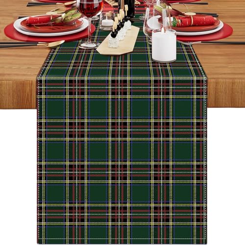 Tischdecke Weihnachten Grün 40x140cm Modern Leinen Tischläufer Geometrisch Karierte Weihnachts Tischdeko Tisch Läufer 1er Set Tischband Für Hochzeit Party Urlaub Esszimmer Esstisch Deko von LRartdeco