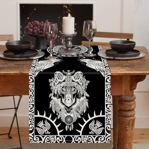 Tischläufer Schwarz Rechteckige Tischbänder Abwaschbar Tischläufer 33x183cm Tischband Wikinger Wolf Odin Gragon Couchtisch Esszimmertisch Schlafzimmer Party Urlaub von LRartdeco