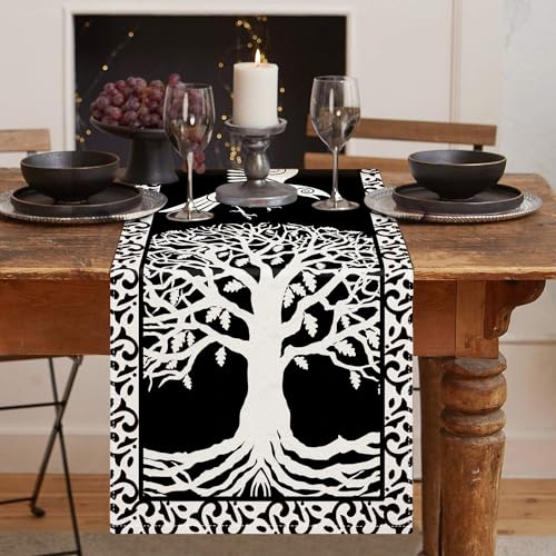 Tischläufer Schwarz Wikinger 40x140 Tischläufer Baum des Lebens Raben Tischläufer Modern Nordisch Tischbänder Tischläufer Abwaschbar Tischtuch, Tischläufer Für Esszimmer Party Urlaub Dekoration von LRartdeco