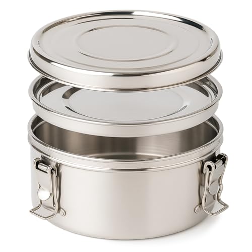 LS Kitchen - Edelstahl Lunchbox - 2 Teilige Brotdose - Snackbox Runde - Silber - Ø 18 cm - 1,6 L von LS Kitchen