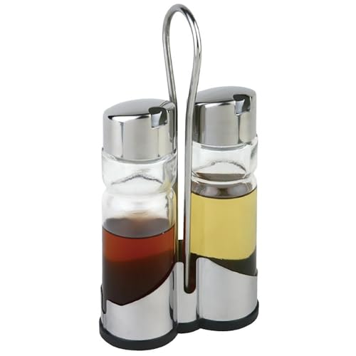 LS Kitchen - Essig und Öl Spender Set - 2 x 175 mL Glasflaschen und Metallhalterung - Edelstahl und Glas - Set von 2 von LS Kitchen