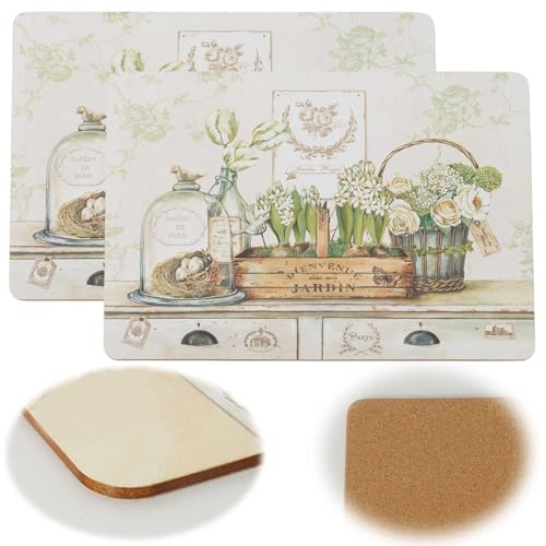 LS-LebenStil 2X Kork Retro Tischset Platzset Vintage Jardin 40x30cm abwaschbar Rechteck Platzmatte abwaschbar Korkunterseite Placemate Tisch Untersetzer Unterlage Teller Geschirr Vasen von LS-LebenStil