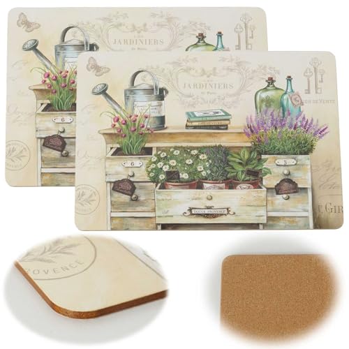 LS-LebenStil 2X Kork Retro Tischset Platzset Vintage Provence 40x30cm abwaschbar Rechteck Platzmatte abwaschbar Korkunterseite Placemate Tisch Untersetzer Unterlage Teller Geschirr Vasen von LS-LebenStil