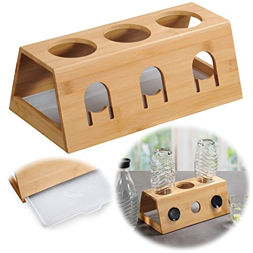 LS-LebenStil 3-Fach Flaschenständer - FSC Holz Bambus - passend für Sodastream Crystal Flaschen - mit Abtropfschale - ausziehbar - Abtropfständer Abtropfgestell Flaschenhalter für Emil Flaschen von LS-LebenStil