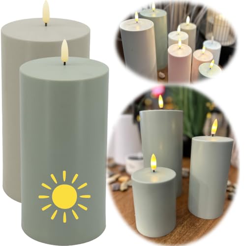 LS-LebenStil 3D LED Solar Stumpenkerzen Malmö Grün 20x7,5cm Timer Außen Outdoor Garten bewegliche flammenlose flackernde Flamme Kerze wiederaufladbare Batterie Dekoration von LS-LebenStil