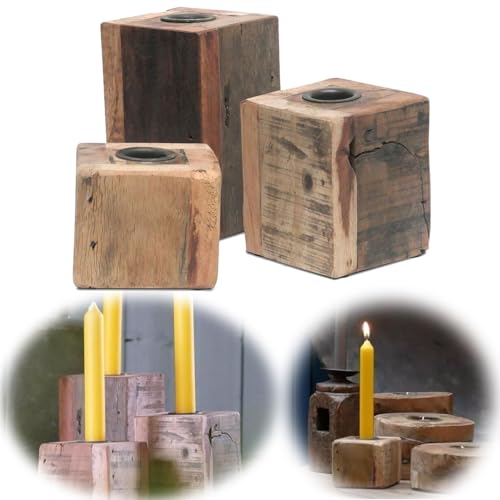 LS-LebenStil 3X Exklusive Kerzenständer Cube Fundholz 3er Set Kerzenhalter für Stabkerzen Kerzenleuchter Stabkerzenhalter von LS-LebenStil