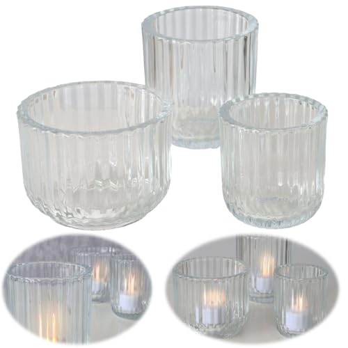 LS-LebenStil 3er Set Teelichthalter Glas Retro Klar durchsichtig 7-9cm Teelichtglas Windlicht Kerzenhalter Teelichtständer Kerzenständer perfekt für Tischdeko, Hochzeiten, Partys & Tischdekoration von LS-LebenStil