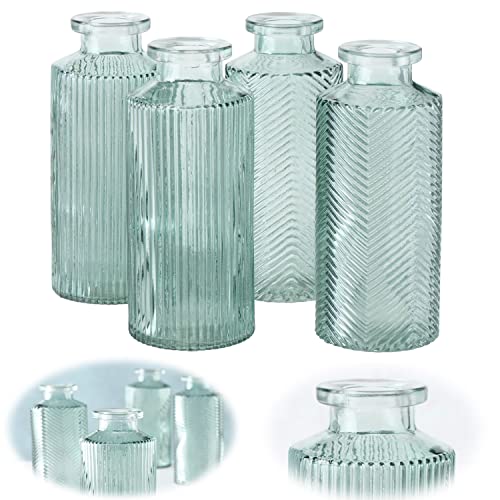 LS-LebenStil 4 Stück Deko-Flaschen Glasvase 14cm Salbei-Grün Set Blumenvase Tisch-Vase Väschen Dekovasen Tischdeko Frühling Blumendeko Glasflaschen für Tulpen Rosen Tischdeko Hochzeit von LS-LebenStil
