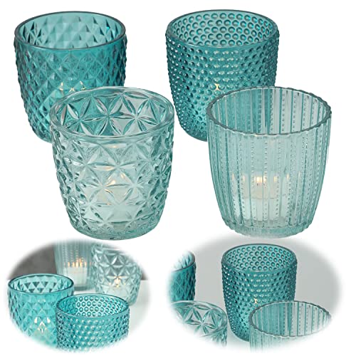 LS-LebenStil 4X Glas Teelichthalter Retro Türkis Petrol 7cm 4´er Set Kristall Ornament Teelicht-Gläser Windlicht-Halter Kerzenständer Tischdeko Kerzen Deko Kerzenhalter für Teelichter Hochzeit von LS-LebenStil