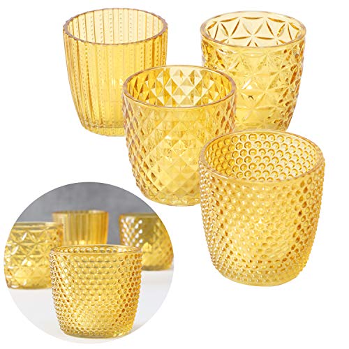 LS-LebenStil 4X Glas Teelichthalter Retro Gelb 7cm 4´er Set Kristall Ornament Teelicht-Gläser Windlicht-Halter Kerzenständer Tischdeko Kerzen Deko Kerzenhalter für Teelichter Hochzeit von LS-LebenStil