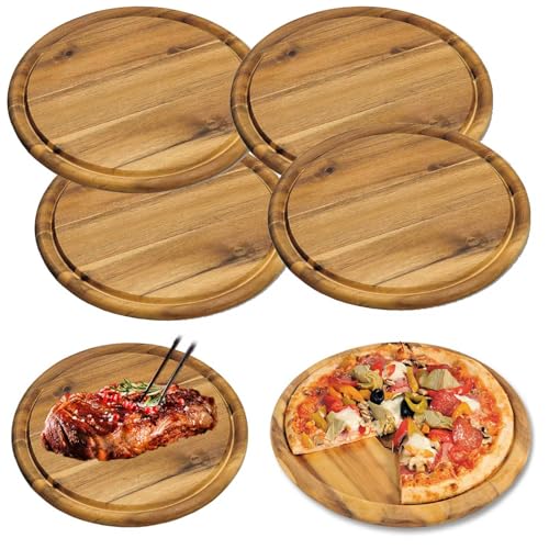 LS-LebenStil 4x Holz Fleischteller 25cm Rund FSC Akazie - Set - 4 Stück - Schneidebrett mit Saftrille Vesperbrett Brotzeitbrett Servierteller Pizzateller Käsebrett Holzbrett von LS-LebenStil
