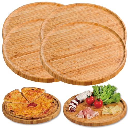 LS-LebenStil 4x XL Holz Pizzateller 32cm Rund FSC - Set - 4 Stück - Bambus Pizzabrett Servierbrett für Pizza, Flammkuchen, Käse Brotzeitbrett Schneidebrett Holzbrett Vesperbrett Holzteller groß von LS-LebenStil
