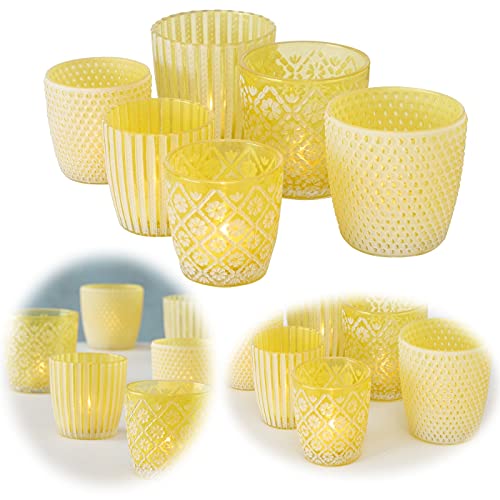 LS-LebenStil 6X Glas Teelichthalter Retro Gelb Weiß 7-9cm 6´er Set Kristall Ornament Teelicht-Gläser Windlicht-Halter Kerzenständer Tischdeko Kerzen Deko Kerzenhalter für Teelichter Hochzeit von LS-LebenStil