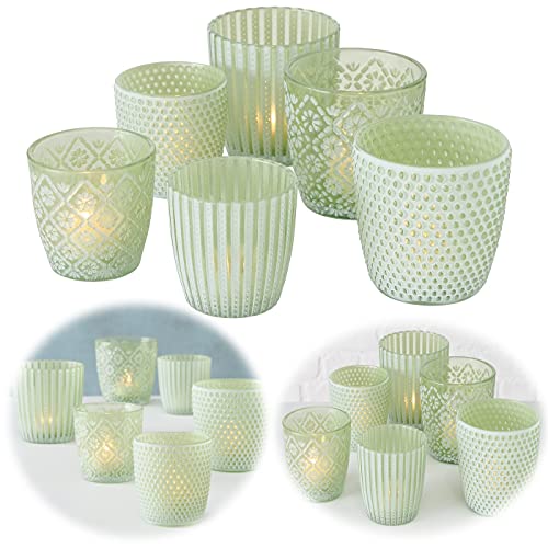 LS-LebenStil 6X Glas Teelichthalter Retro Grün Weiß 7-9cm 6´er Set Kristall Ornament Teelicht-Gläser Windlicht-Halter Kerzenständer Tischdeko Kerzen Deko Kerzenhalter für Teelichter Hochzeit von LS-LebenStil