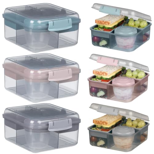 LS-LebenStil Bento Box Lunchbox Kunststoff Blau 3 Fächer 2 Ebenen Frühstücksbox Brotdose Essensbox Jausenbox Lunch-Set Salatbox To-Go Dressingbecher für Kinder Erwachsene von LS-LebenStil