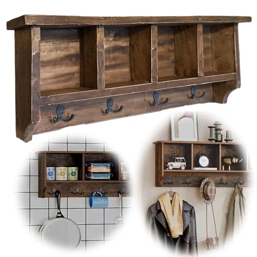 LS-LebenStil Exkluisve XL Holz Wandgarderobe 70cm Vintage Garderobe mit Ablage 4-fach Regal Doppelhaken von LS-LebenStil