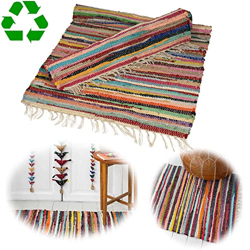 LS-LebenStil Fleckerlteppich Dehli 90x60cm Bunt recycelte Baumwolle Boho Flickenteppich Fransen Regenbogen Farben Läufer Vorleger für Wohnzimmer Flur Kinderzimmer Badezimmer von LS-LebenStil