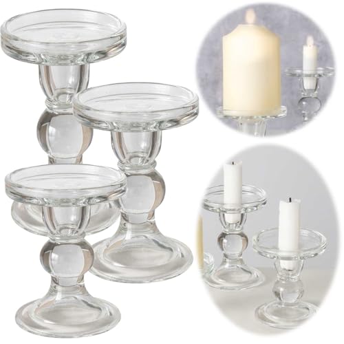 LS-LebenStil Glas Kerzenständer 3er Set 8-13cm Klarglas Klar durchsichtig Kerzenhalter für LED Kerzen Stabkerzen/Stumpenkerzen Stabkerzenhalter Kerzenleuchter Tisch-Deko Stumpenkerzen-Halter von LS-LebenStil