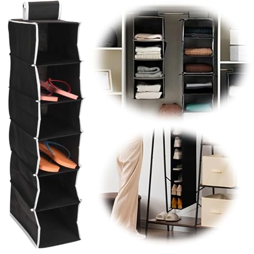 LS-LebenStil Hängeregal 6 Fächer 84x30x15cm Breit Schwarz Hängeaufbewahrung Utensilo Hänge-Organizer Ordnungssystem Schuhorganizer faltbar Kleiderschrank-Organizer Badregal Schlafzimmer Badezimmer von LS-LebenStil