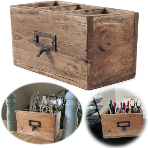 LS-LebenStil Holz Apotheker Schublade Napoli - Vintage Braun - 18x12cm - 3 Fächer Cutlery Besteckkorb Ablage Besteck-Utensilienhalter Stiftebox Stifteköcher Büro Schreibtisch Küchen-Organizer von LS-LebenStil