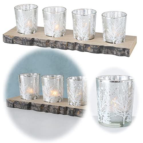 LS-LebenStil Holz Teelichthalter-Set winterliche Gravur 30cm Set Kerzentablett 4 Teelicht-Gläser Deko-Tablett Windlicht von LS-LebenStil