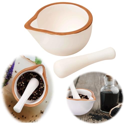 LS-LebenStil Keramik Mörser mit Stößel - 12cm - Braun Weiß - Perfekt für frisch gemahlene Gewürze Kräuter Tabletten Medikamente - kleiner Gewürzmörser Zerkleinerer Kräuter-Mühle von LS-LebenStil