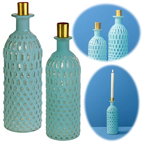 LS-LebenStil Retro Glas-Vase Vintage Türkis Gold 22cm Kerzenhalter Tisch-Vase Blumenvase Väschen Flasche von LS-LebenStil
