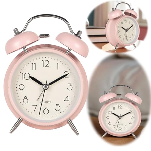 LS-LebenStil Retro Glockenwecker Rosa 13x9x5cm Analog Vintage Quarzwecker Nostalgie Schlafzimmer Nachttisch Tischuhr Alarm-Clock Ostalgie kleine Tischuhr leises Ticken von LS-LebenStil