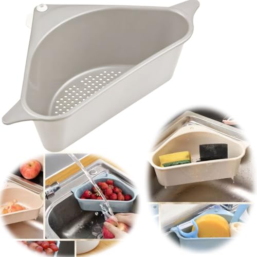 LS-LebenStil Spülbecken Organizer Beige 28cm Dreieck Abtropfsieb mit Saugnapf Schwammhalter Abflusskorb Dreicksieb Ecksieb Eckspüle Spülbecken Küchenspüle Waschbecken von LS-LebenStil