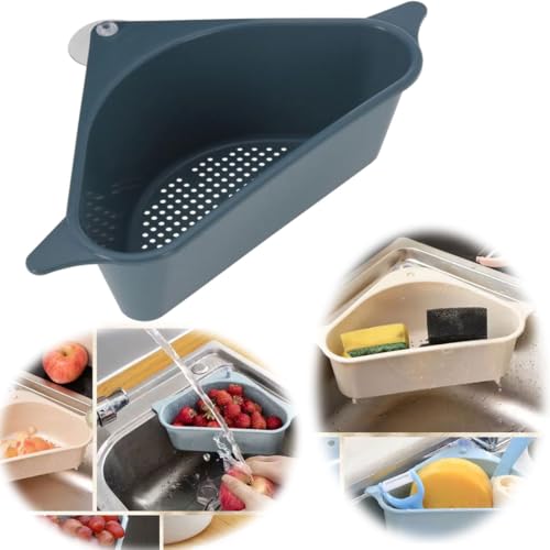 LS-LebenStil Spülbecken Organizer Blau 28cm Dreieck Abtropfsieb mit Saugnapf Schwammhalter Abflusskorb Dreicksieb Ecksieb Eckspüle Spülbecken Küchenspüle Waschbecken von LS-LebenStil