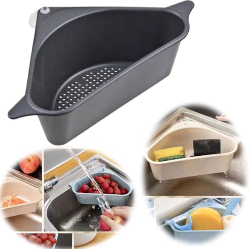 LS-LebenStil Spülbecken Organizer Grau 28cm Dreieck Abtropfsieb mit Saugnapf Schwammhalter Abflusskorb Dreicksieb Ecksieb Eckspüle Spülbecken Küchenspüle Waschbecken von LS-LebenStil