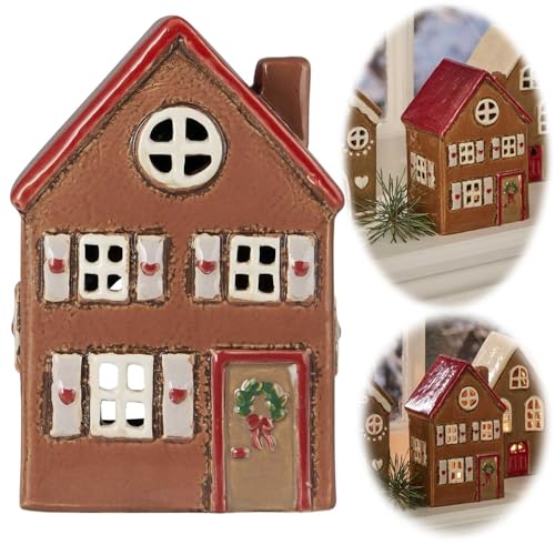 LS-LebenStil Teelichthaus Lichthaus 15cm Braun Kranz Keramik Fachwerkhaus Nyhavn Teelichthalter von LS-LebenStil
