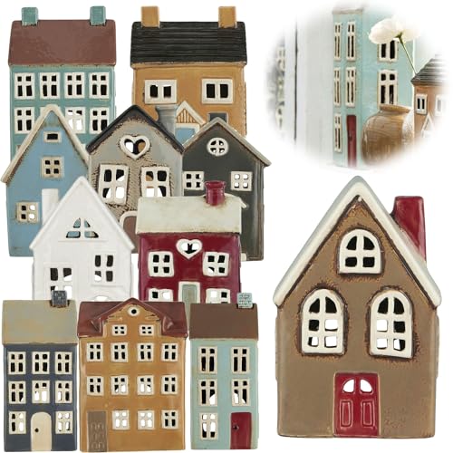 LS-LebenStil Teelichthaus Lichthaus 15cm Braun Rot Weiß Keramik Fachwerkhaus Nyhavn Teelichthalter von LS-LebenStil