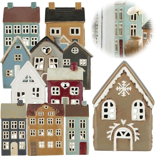 LS-LebenStil Teelichthaus Lichthaus 15cm Braun Weiß Keramik Fachwerkhaus Nyhavn Teelichthalter von LS-LebenStil