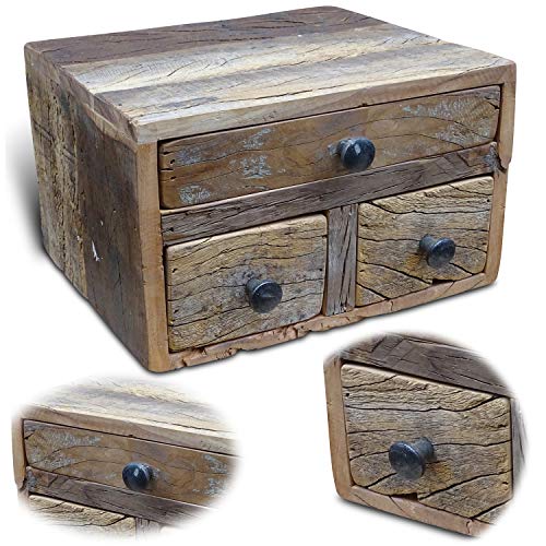 LS-LebenStil Vintage Aufbwahrungsbox Unika | Fundholz Recycelt | Factory Braun | 30x24x19cm | 3 Schubladen | Mini Kommode | Ablagefläche Ordnungsbox Organizer Holzbox Schubladenregal Schubladenbox von LS-LebenStil