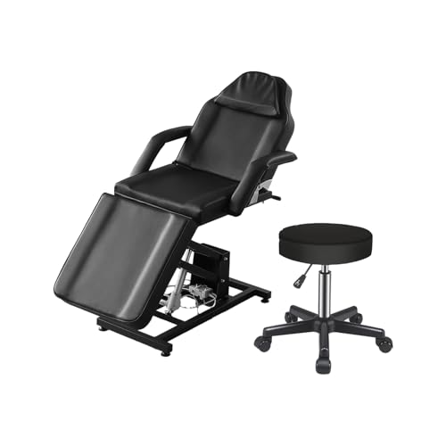 LSBIKE Elektrische Kosmetikliege mit Hocker – Verstellbare Massageliege mit abnehmbaren Armlehnen & Kopfstütze – Kosmetikstuhl Set für Spa, Tattoo, Gesichtspflege, Wimpernverlängerung (Schwarz) von LSBIKE