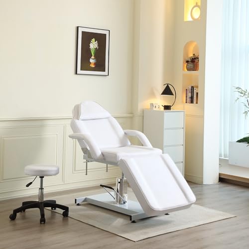 LSBIKE Hydraulische Kosmetikliege mit Hocker – 360° drehbare, verstellbare Massageliege mit abnehmbaren Armlehnen & Kopfstütze – Kosmetikstuhl Set für Spa, Tattoo, Gesichtspflege (Weiß) von LSBIKE