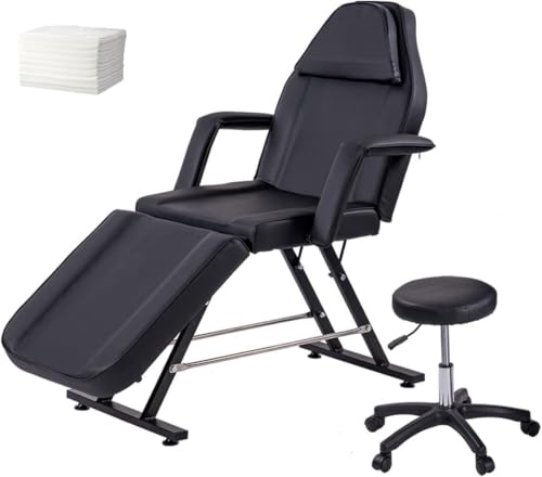 LSBIKE Kosmetikliege mit Hocker und Einwegbezügen – Verstellbare Massageliege 3-Zonen, Liege für Kosmetikstudio, Tattoo & Spa – Massagetisch mit Abnehmbarer Kopfstütze & Armlehnen (Schwarz) von LSBIKE