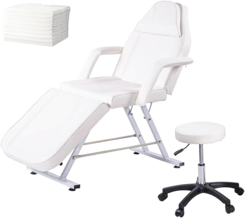 LSBIKE Kosmetikliege mit Hocker und Einwegbezügen – Verstellbare Massageliege 3-Zonen, Liege für Kosmetikstudio, Tattoo & Spa – Massagetisch mit Abnehmbarer Kopfstütze & Armlehnen (Weißton) von LSBIKE